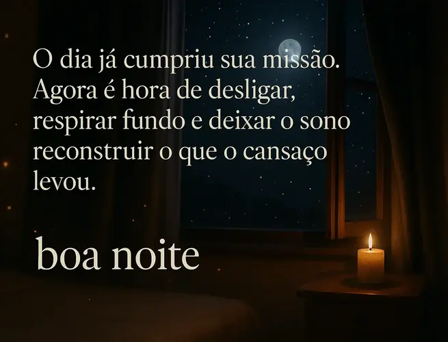Quarto iluminado por vela acesa e lua ao fundo onde aparece frase acolhedora para dormir