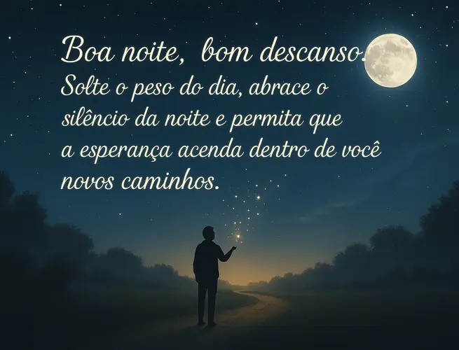 Pessoa sob lua cheia em noite estrelada com frase reflexiva de paz e novos caminhos