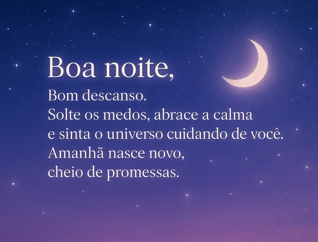 Lua crescente em céu estrelado com frase calma de esperança para antes de dormir