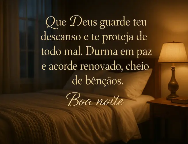 Quarto aconchegante iluminado por luz suave trazendo frase de fé para dormir em paz e segurança