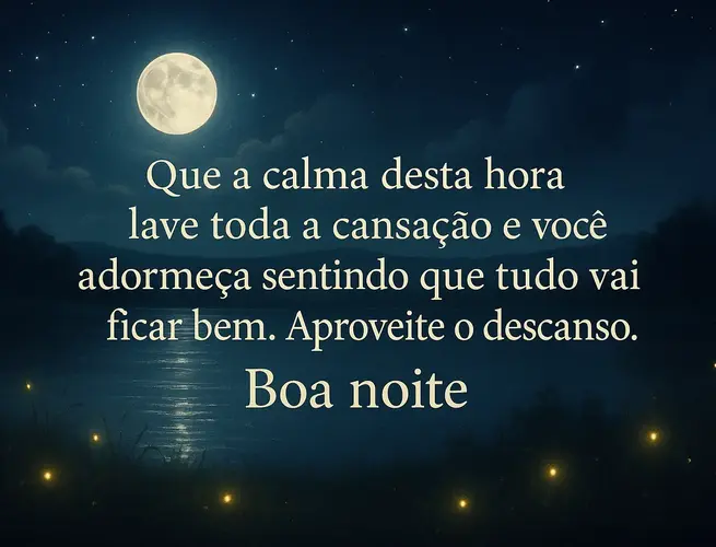Céu estrelado com lua refletida no lago e frase inspiradora para adormecer em calma