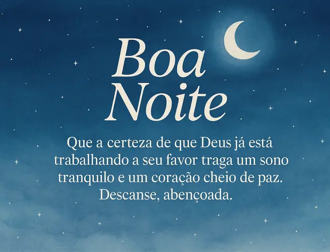 Céu estrelado com lua crescente e frase de fé trazendo calma e sono tranquilo