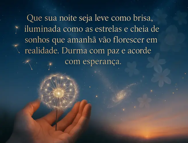Mão segurando dente-de-leão luminoso com frase inspiradora para adormecer em paz