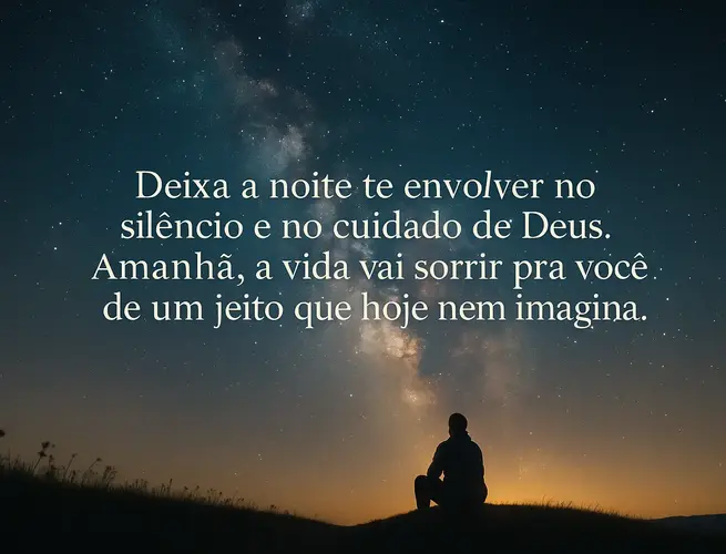 Pessoa sentada sob estrelas com frase de fé e esperança para um sono tranquilo